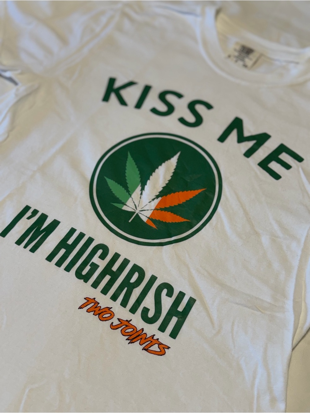 KISS ME I'm Highrish Adult White Graphic Tee & Sticker
